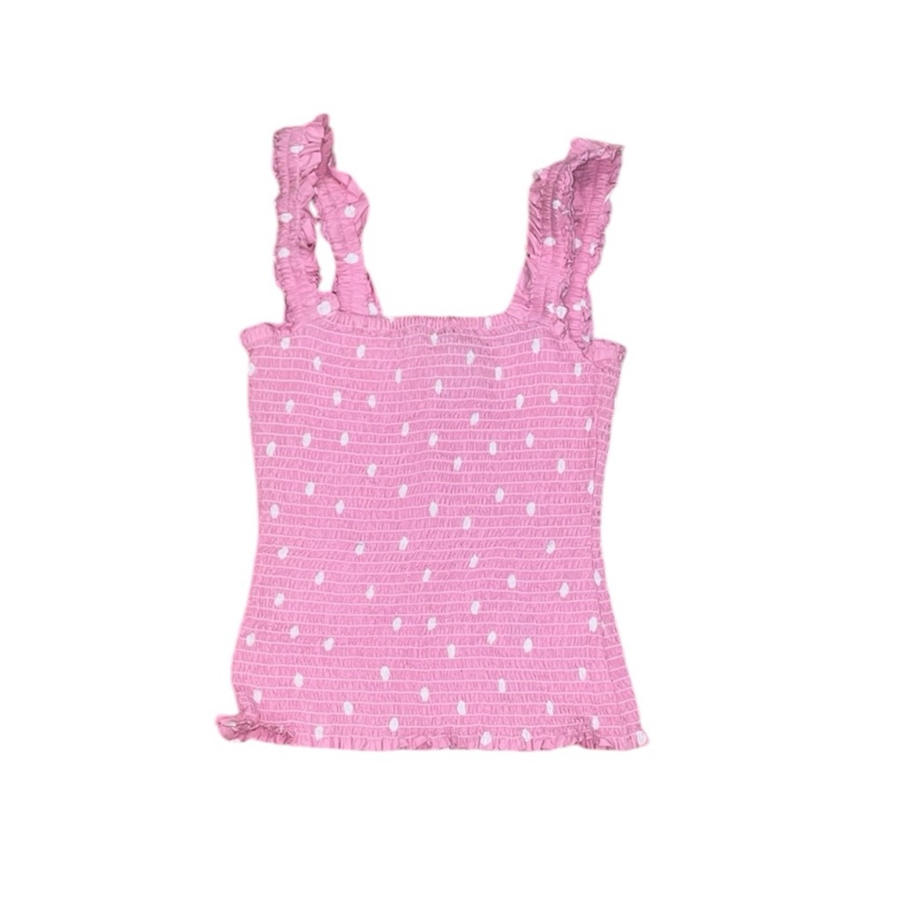 Ganni pink polka dot smocked tank top